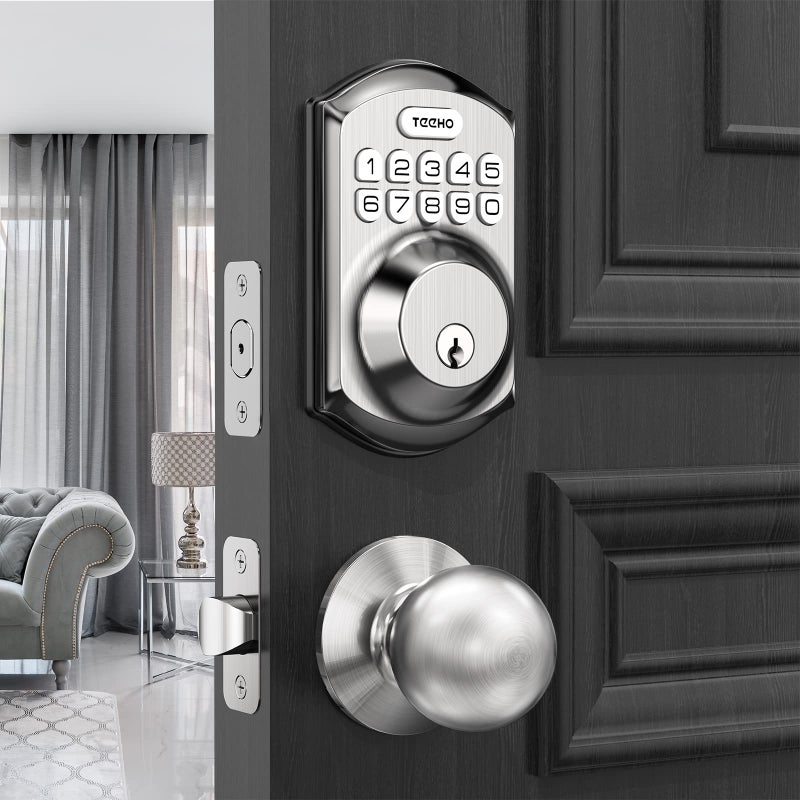 TEEHO Keyless Entry Door Lock with Handle - Electronic Keypad Deadbolt with Door Knob - Deadbolt Smart Lock for Front Door Lock Set - Auto Lock - Easy Installation - Satin Nickel - Image 2